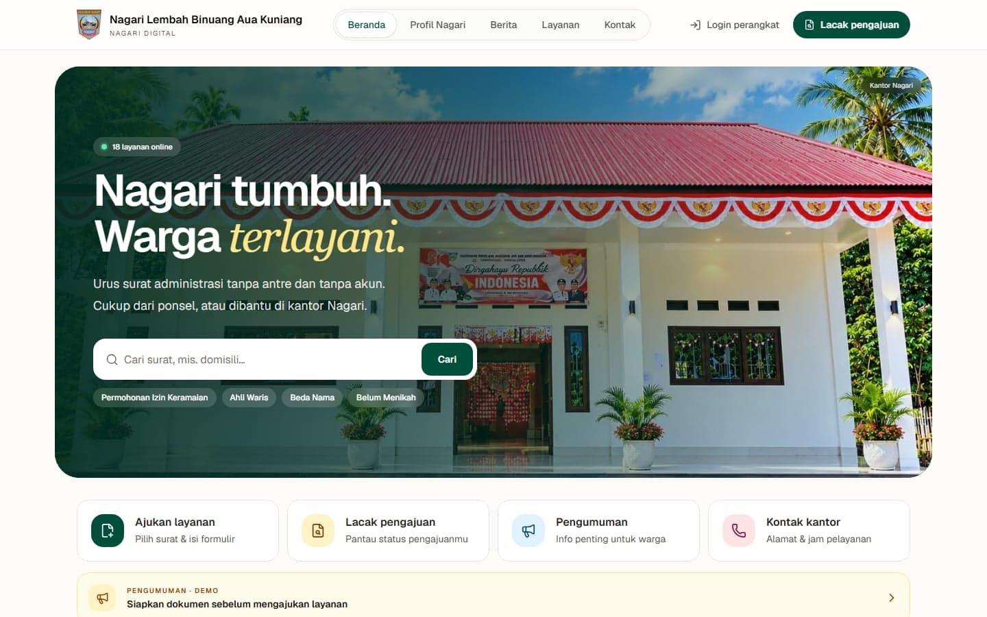 Tampilan beranda Nagari Digital Lembah Binuang