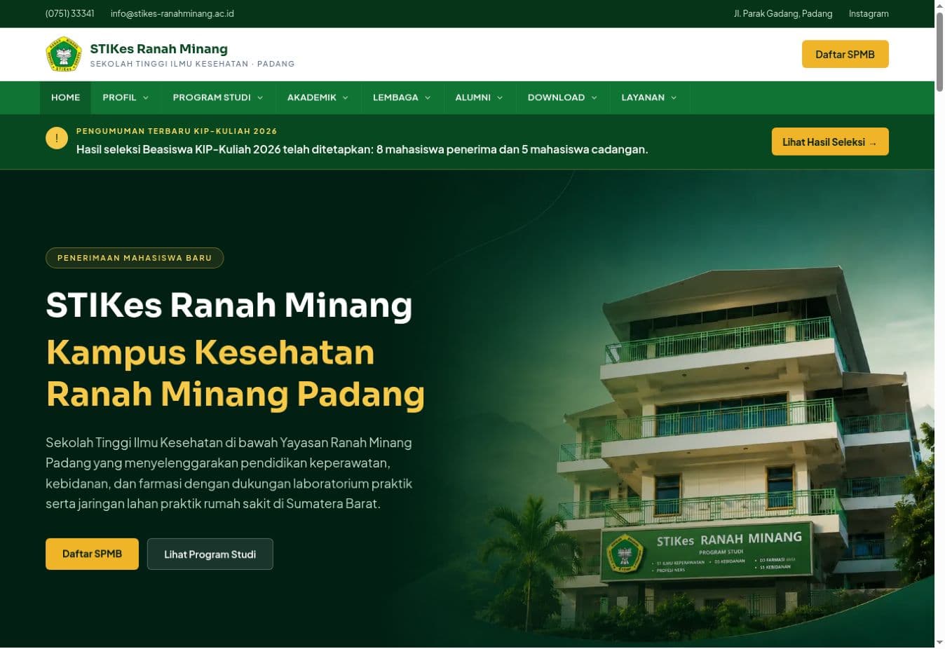 Tampilan website www.stikes-ranahminang.ac.id